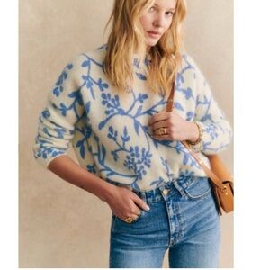 SEZANE Ecru Cream & Blue Floral Printed Mohair Wool Sweater Pelagie Jumper NWT